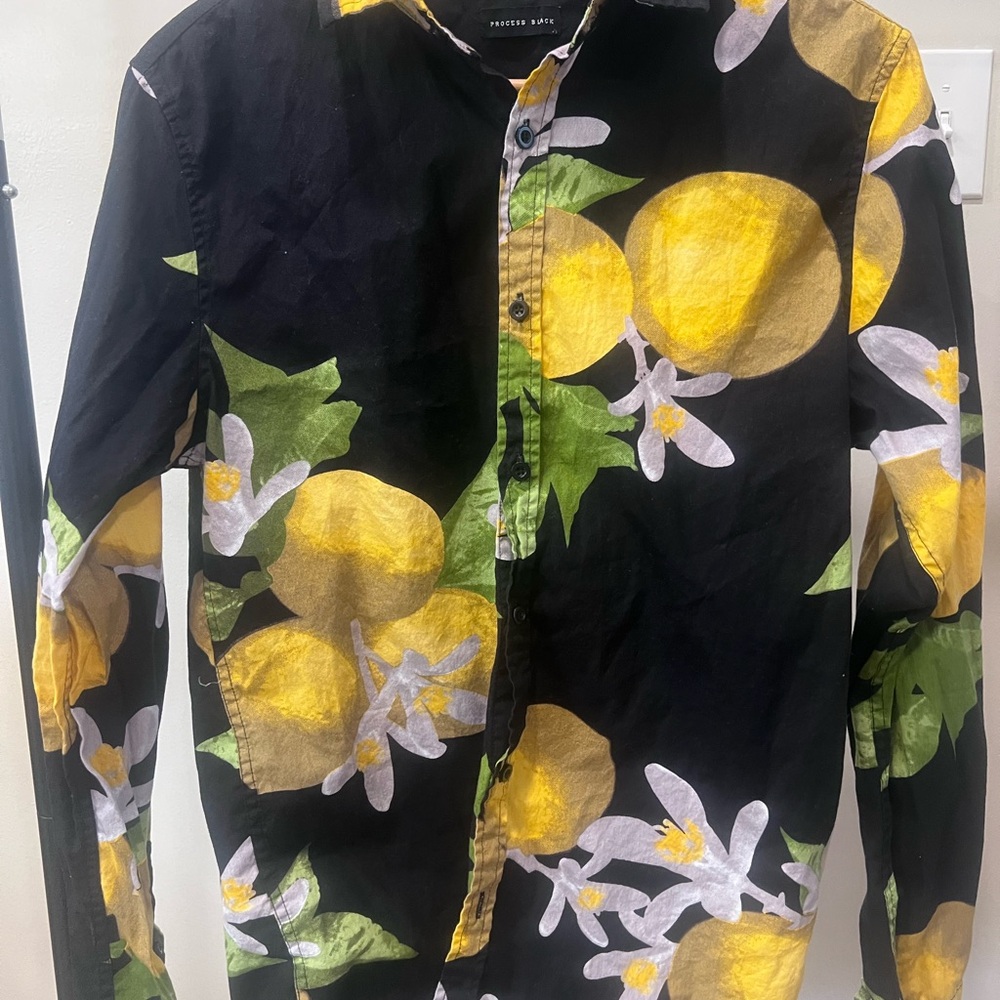 Black Lemon Print Button-Up Shirt Jacket